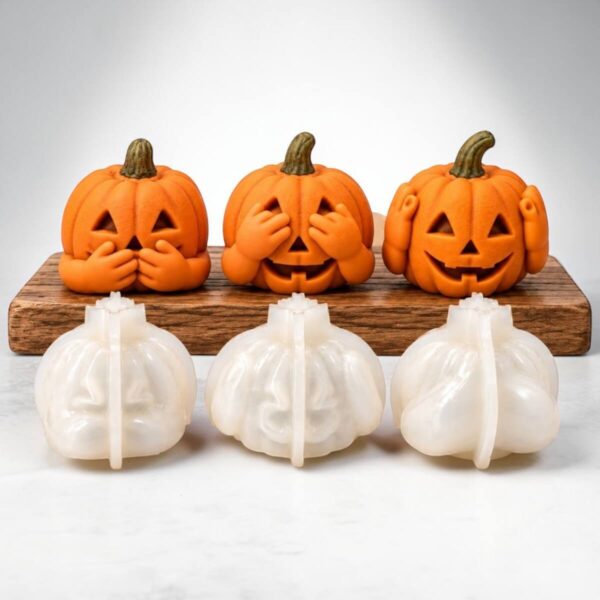 Molde de silicona con tres calabazas de Halloween con expresiones no veo, no escucho y no hablo