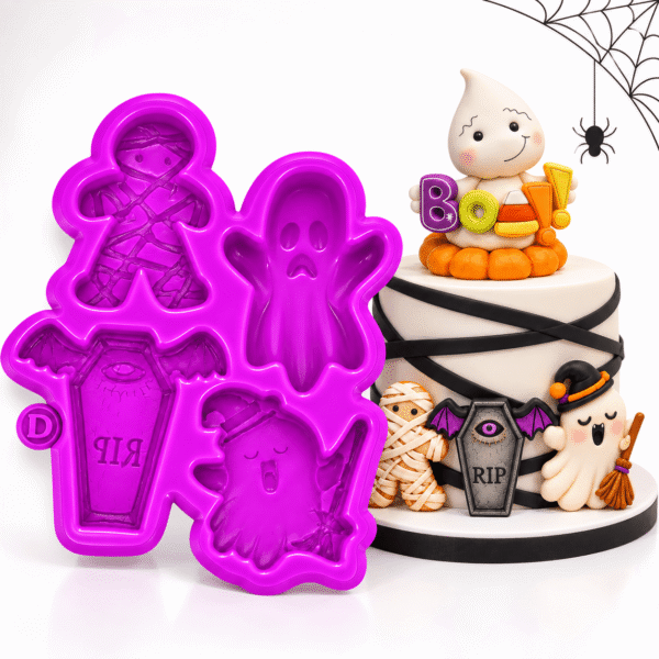Molde de silicona morado con diseños de fantasma, momia, ataúd y figuras de Halloween para decoración de tortas.
