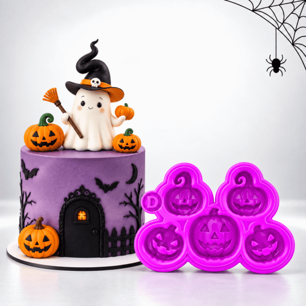 Molde de silicona morado con cinco cavidades de calabazas de Halloween con diferentes expresiones y diseños.