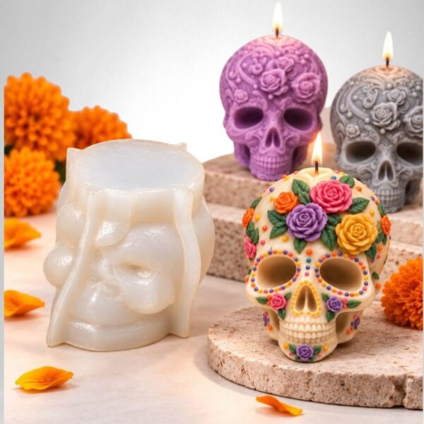 Molde de silicona calavera 3D con rosas y detalles florales para Día de los Muertos