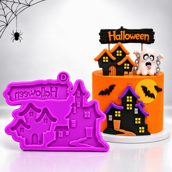 Molde de silicona morado con diseños de casas embrujadas, ventanas y puertas para decoración de Halloween.