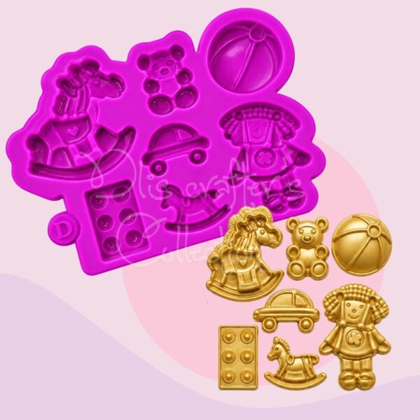 Molde de silicona de juguetes para bebé con caballo balancín, osito, auto, pelota y bloques