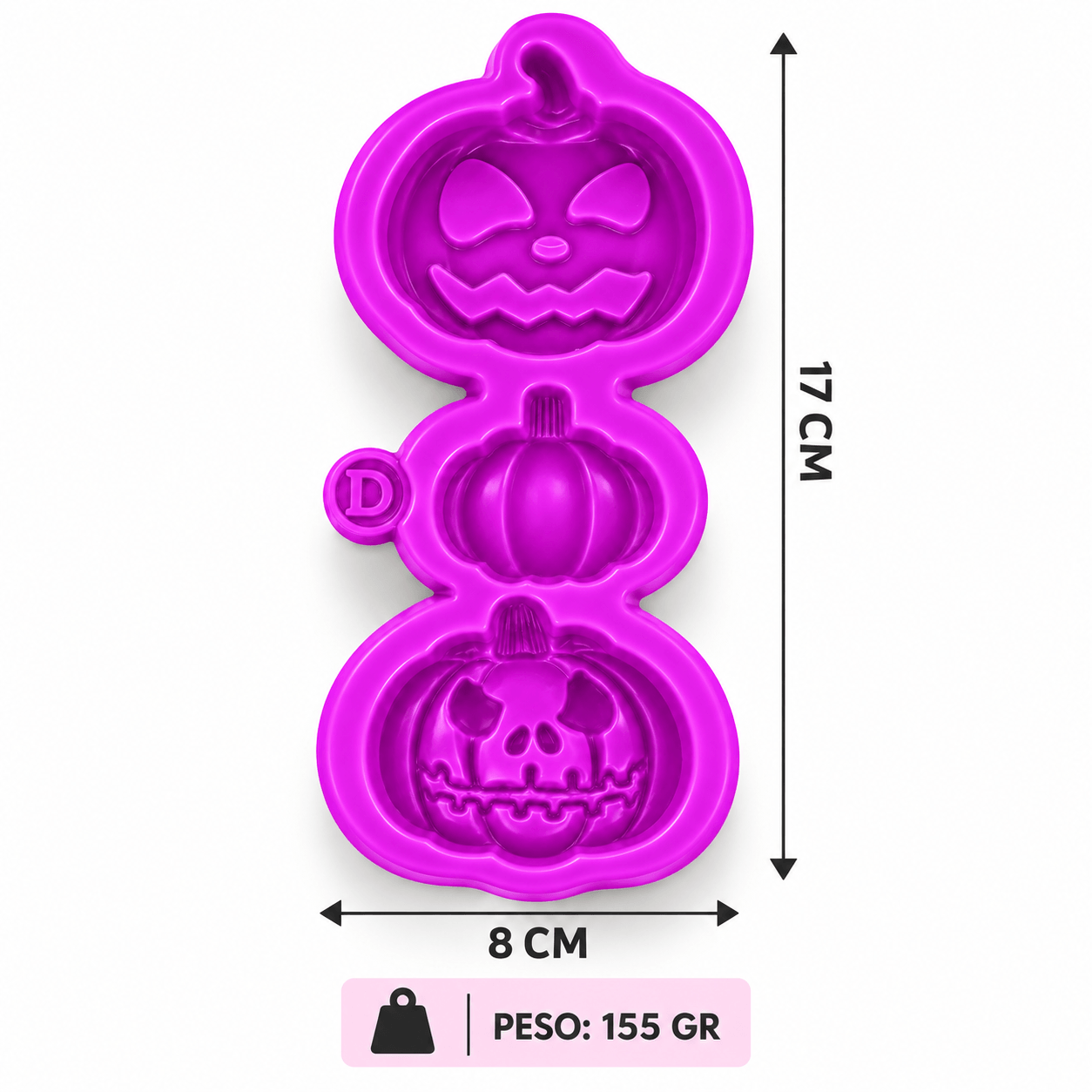 Molde de silicona morado con tres cavidades verticales: calabaza con rostro, calabaza lisa y calabaza con diseño de calavera.