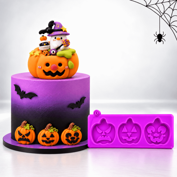 Molde de silicona morado con tres cavidades de caras de calabazas de Halloween con expresiones diferentes.