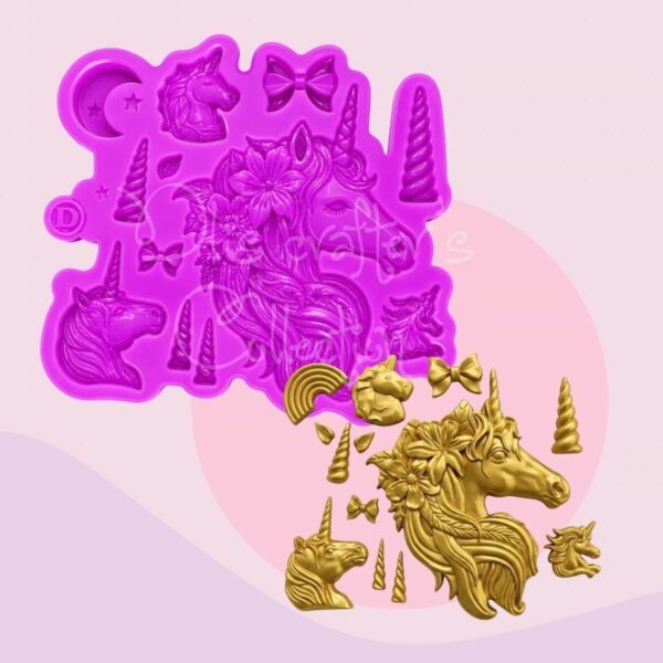 Molde de silicona con unicornios, luna, estrellas, cuernos, lazos y hojas para decoración infantil