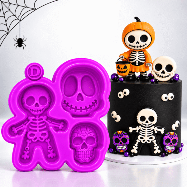 Molde de silicona morado con tres cavidades que representan un esqueleto completo, una calavera sonriente y una calavera con telaraña.