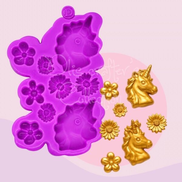 Molde de silicona con unicornios, flores y cabezas de unicornio para decoración infantil