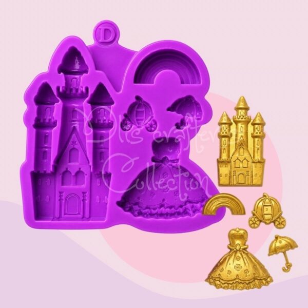 Molde de silicona con castillo, princesa, carruaje, arcoíris y elementos de cuento infantil