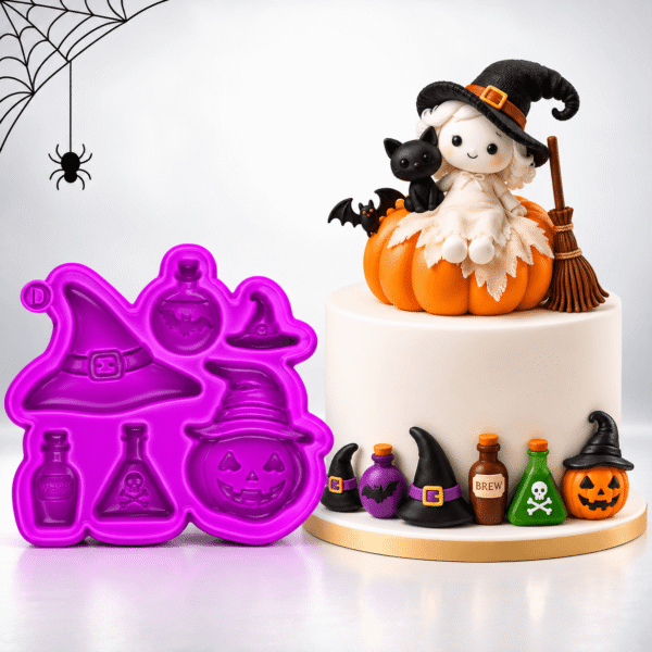 Molde de silicona morado con cinco cavidades de sombreros de bruja, frascos de pociones, una botella con calavera y una calabaza de Halloween.
