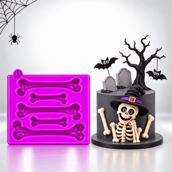 Molde de silicona morado rectangular con cinco cavidades de huesos alargados de diferentes tamaños para decoraciones de Halloween.