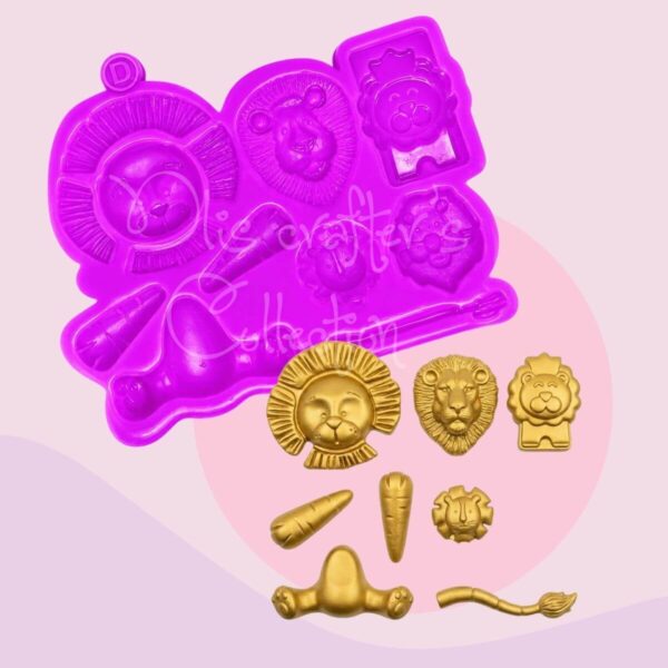 Molde de silicona morado con diferentes diseños de leones, rostros de animales y elementos decorativos inspirados en la selva.