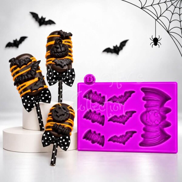 Molde de silicona Halloween Murciélagos y Vampiro, 15 x 10 cm, con 7 cavidades.